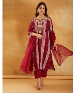 Red Bandhani Printed Chanderi Dori Embroidered Suit- Set of 3