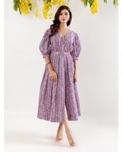 Blue Red Hand Block Printed Cotton Dress