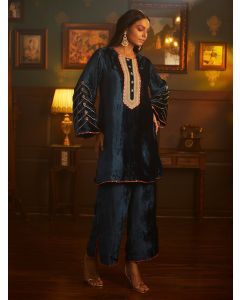 Blue Embroidered Velvet Kurta with Palazzo- Set of 2