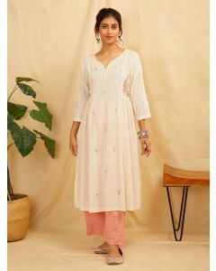 Off White Embroidered Cotton Linen Kurta with Pants- Set of 2