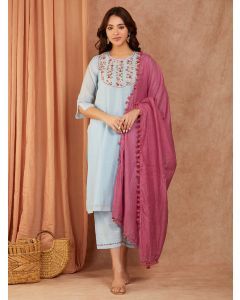 Sky Blue Embroidered Chanderi Suit- Set of 3
