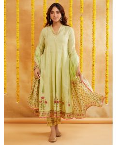 Lime Green Hand Block Printed Chanderi Dupatta