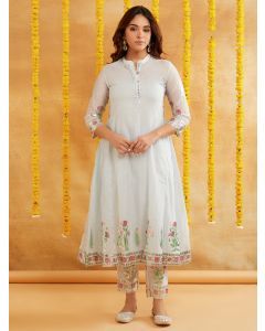 Light Blue Hand Block Printed Chanderi Kurta with Pants- Set of 2