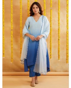 Blue Ombre Dyed Chanderi Suit- Set of 3