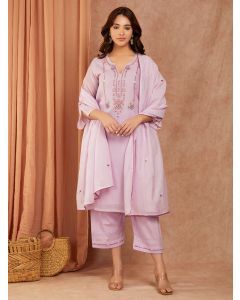 Lavender Embroidered Chanderi Suit- Set of 3