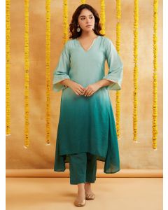 Green Ombre Dyed Chanderi Kurta with Pants- Set of 2