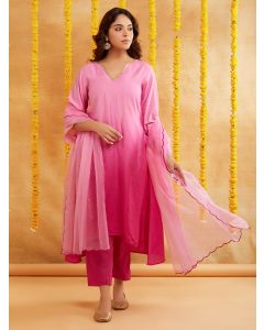 Pink Ombre Dyed Chanderi Suit- Set of 3
