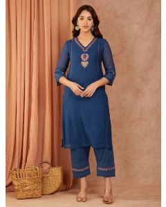 Navy Blue Embroidered Cotton Pants