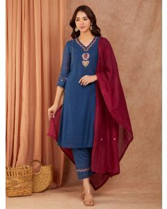 Navy Blue Embroidered Chanderi Suit- Set of 3
