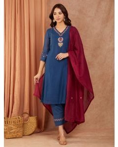 Wine Embroidered Chanderi Dupatta