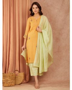 Mustard Yellow Embroidered Chanderi Suit- Set of 3