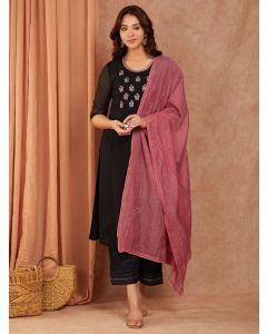 Black Embroidered Chanderi Suit- Set of 3
