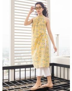 Yellow Printed Cotton Kurta with Pants - Set of 2