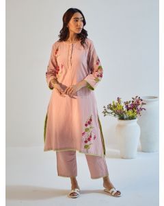 Pink Hand Block Printed Cotton Linen Kurta with Pants - Set of 2