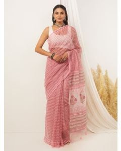 Pink Sanganeri Hand Block Printed Kota Doria Saree