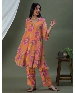 Orange Pink Printed Chanderi Kurta with Inner and Pants- Setof 2