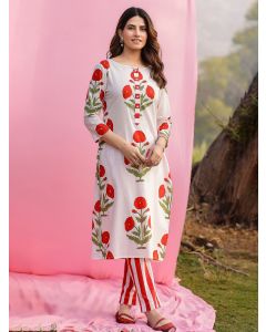 White Red Printed Cotton Kurta with Pants- Set of 2