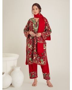 Red Aari Work Woolen Suit- Set of 3