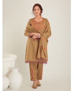 Beige Aari Work Woolen Suit- Set of 3