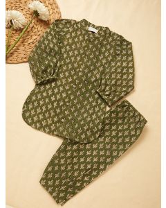 Green Printed Cotton Co-ord Set- Set of 2