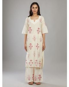 White Magenta Hand Block Printed Cotton Kurta