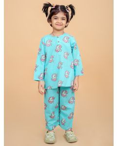 Turquoise Hand Block Printed Cotton Nightsuit- Set of 2