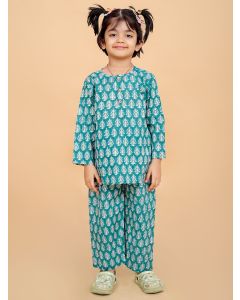 Green Hand Block Printed Cotton Nightsuit- Set of 2