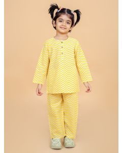 Yellow Hand Block Printed Cotton Nightsuit- Set of 2