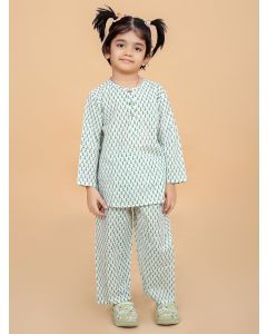 Green Hand Block Printed Cotton Nightsuit- Set of 2