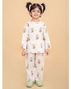 Beige Hand Block Printed Cotton Nightsuit- Set of 2