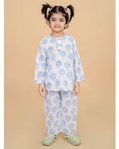 Blue Hand Block Printed Cotton Nightsuit- Set of 2