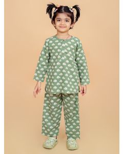 Green Hand Block Printed Cotton Nightsuit- Set of 2