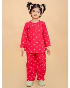 Red Hand Block Printed Cotton Nightsuit- Set of 2