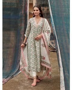 Light Green Printed Chanderi Mul Suit - Set of 3