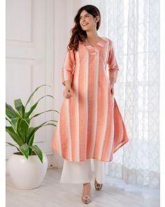 Orange Striped Handloom Cotton Kurta with Palazzo- Set of 2