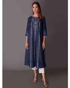 Blue Hand Embroidered Cotton Mirror Work Pleated Kurta