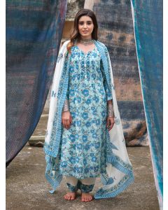 Blue Printed Chanderi Mul Suit - Set of 3