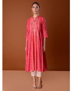 Pink Printed Cotton Mirror Work Anarkali Kurta