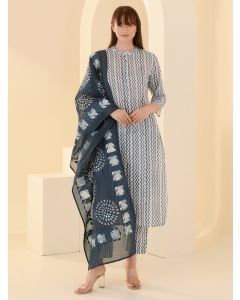 Blue Hand Block Printed Mulmul Suit- Set of 3