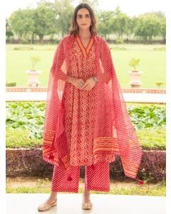 Pink Printed Cotton Embroidered Suit - Set of 3