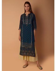 Navy Blue Printed Cotton Mirror Work Kurta