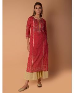 Pink Printed Cotton Mirror Work Kurta