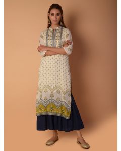 Off White Printed Cotton Mirror Work Kurta