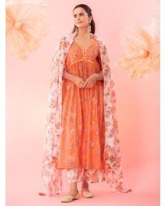 Orange Printed Cotton Embroidered Suit - Set of 3