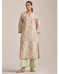 Beige Pink Printed Linen Kurta with Pants- Set of 2