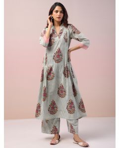 Sea Green Printed Cotton Kurta with Pants- Set of 2