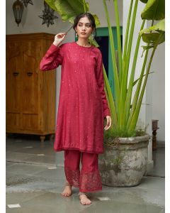 Maroon Mukaish Work Cotton Silk Flared Kurta