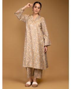 Yellow Grey Printed Cotton Kurta with Pants- Set of 2