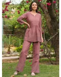 Brown Embroidered Cotton Co-ord Set- Set of 2