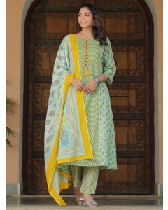 Green Printed Cotton Suit- Set of 3